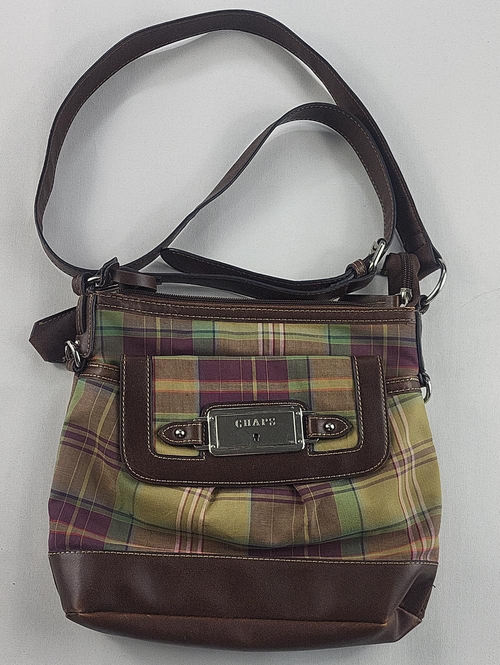 Chaps Earth Tone Plaid Shoulder Purse Faux Leather Accent